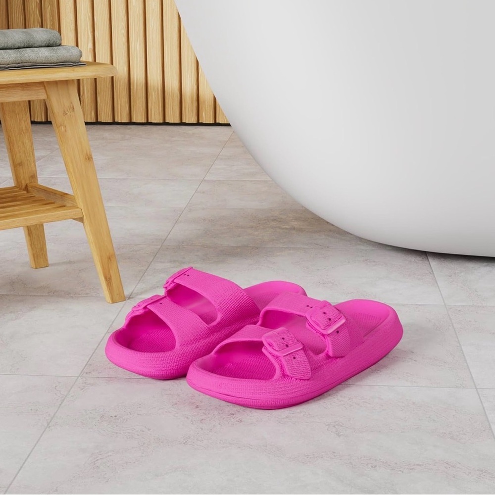 Hot Pink Double-Buckle Slide Sandals by Wewaya, cloud cushion waterproof slipper - Picture 6 of 16